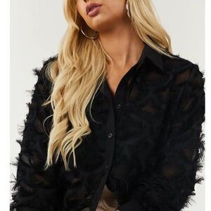 NWT Why Dresss Black Fringe Collared Button Up Blouse feathery look sheer small.
